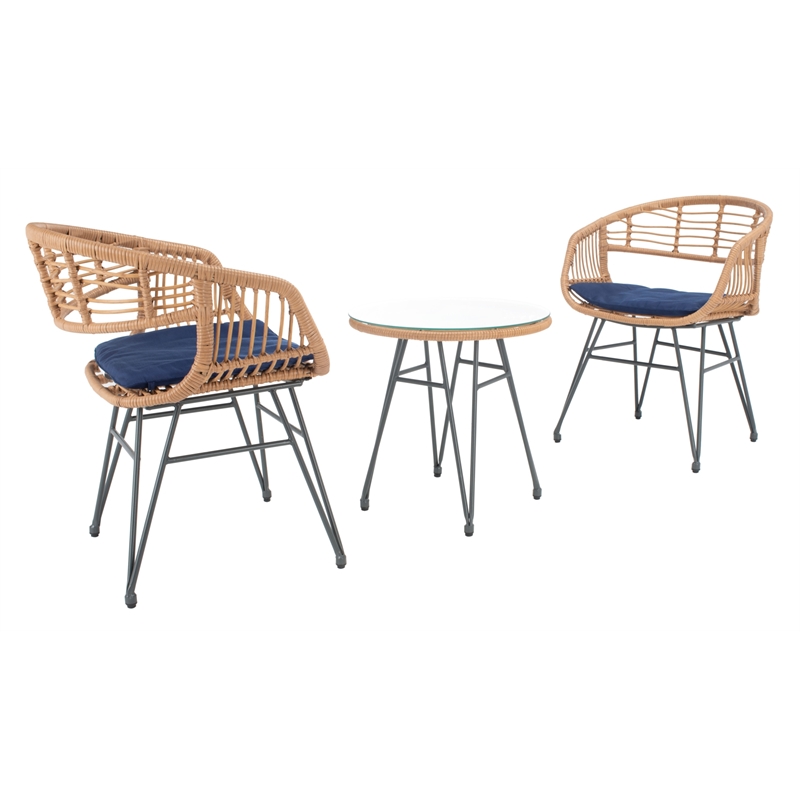 Safavieh Ferla 3Pc Rattan and Steel Lounger Set in Natural / Navy