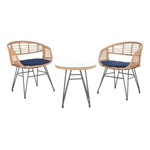 Safavieh Ferla 3Pc Rattan and Steel Lounger Set in Natural / Navy