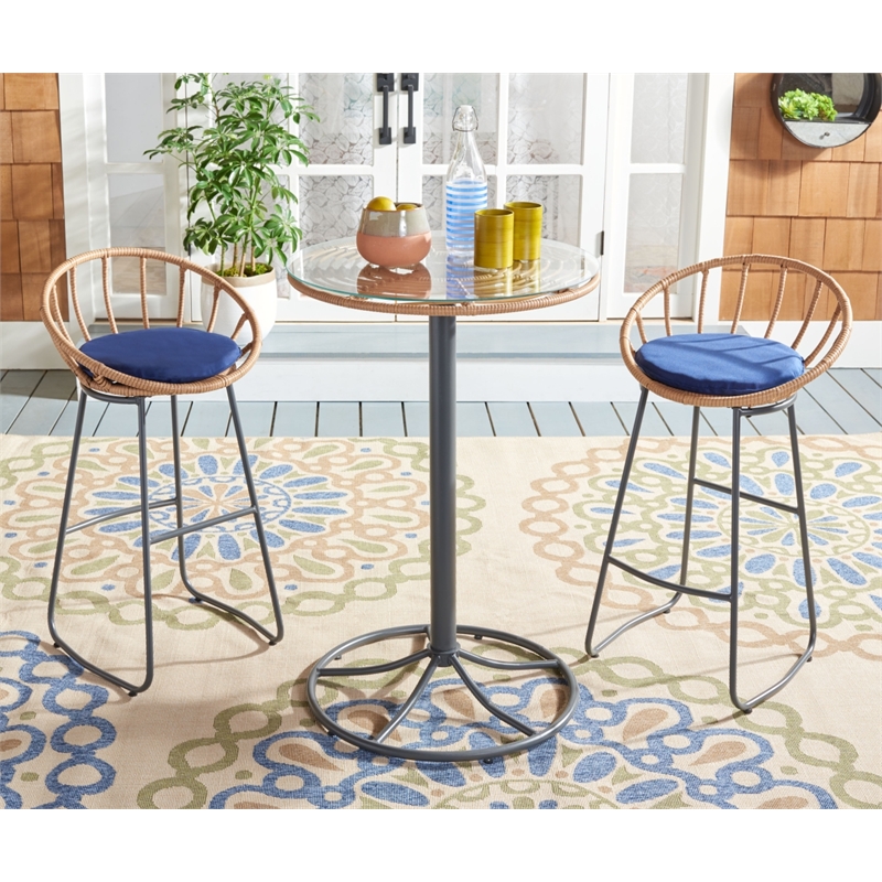 Safavieh Lersa 3Pc Rattan and Steel Lounger Set in Natural / Navy