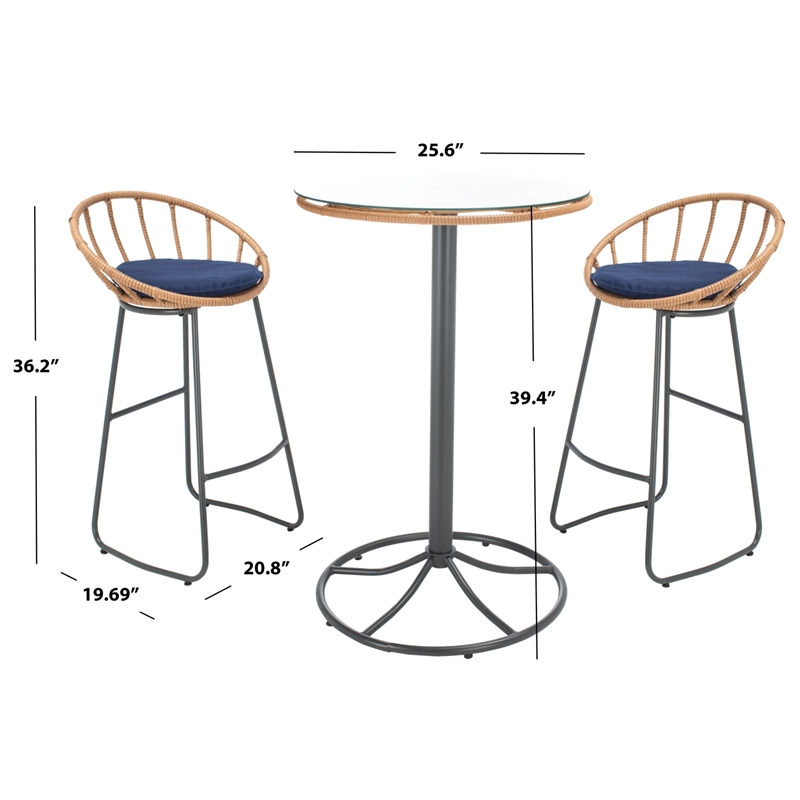 Safavieh Lersa 3Pc Rattan and Steel Lounger Set in Natural / Navy