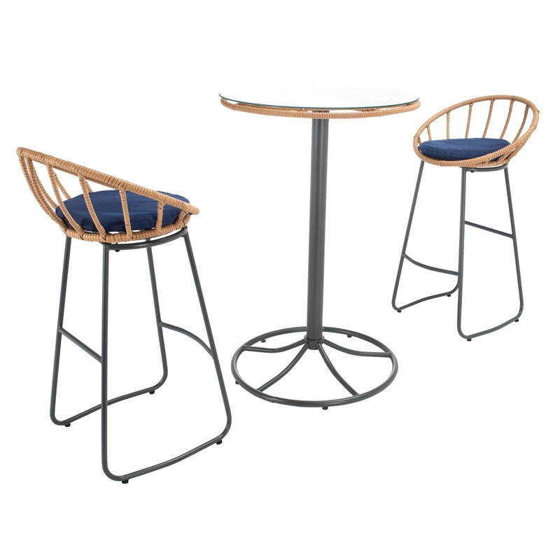 Safavieh Lersa 3Pc Rattan and Steel Lounger Set in Natural / Navy