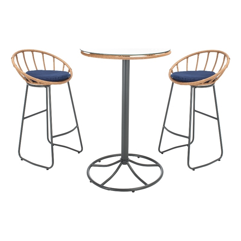 Safavieh Lersa 3Pc Rattan and Steel Lounger Set in Natural / Navy