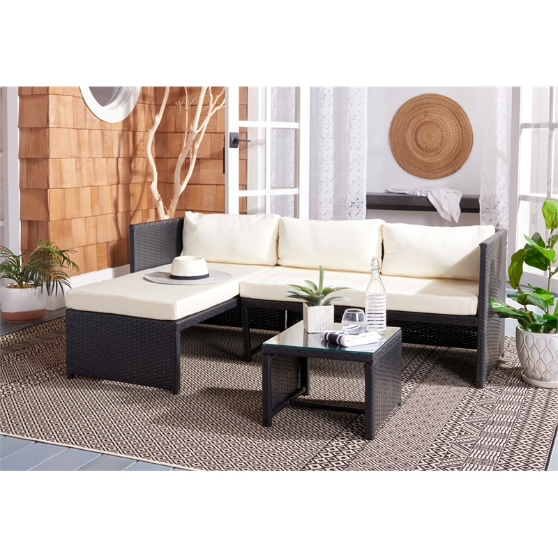 Safavieh Bronson 3 Pc Rattan and Steel Sofa Set in Black / Beige