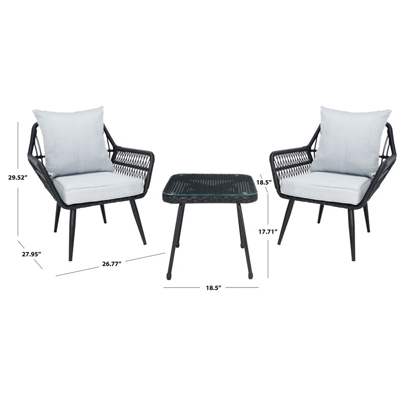 Safavieh Londyn 3Pc Wicker Lounge Set in Black / Gray