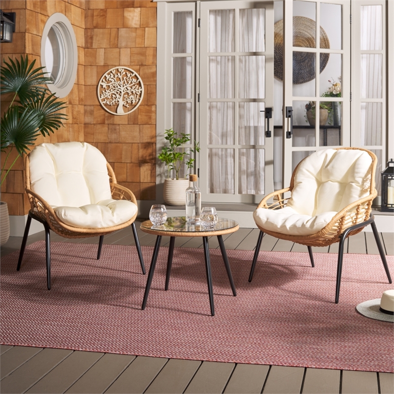 Safavieh Mott 3 Pc Steel and Rattan Living Set in Natural / Beige