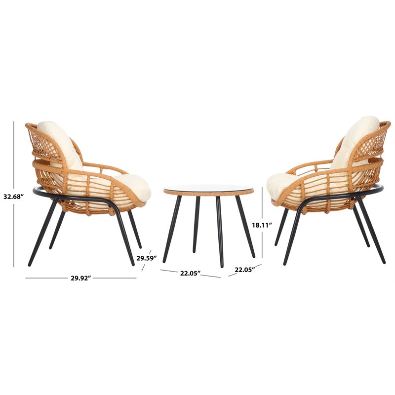 Safavieh Mott 3 Pc Steel and Rattan Living Set in Natural / Beige