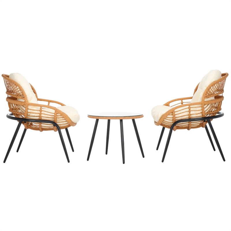 Safavieh Mott 3 Pc Steel and Rattan Living Set in Natural / Beige