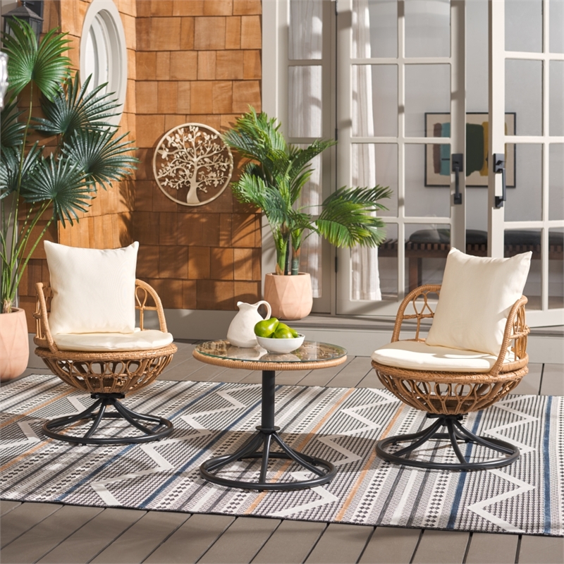 Safavieh Colby 3 Pc Steel and Rattan Living Set in Natural / Beige