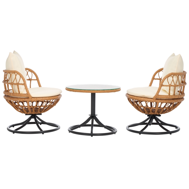 Safavieh Colby 3 Pc Steel and Rattan Living Set in Natural / Beige