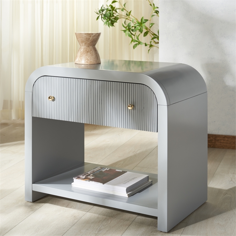 Safavieh Liabella 1 Drawer Wood Curved Nightstand in Light Gray / Gold