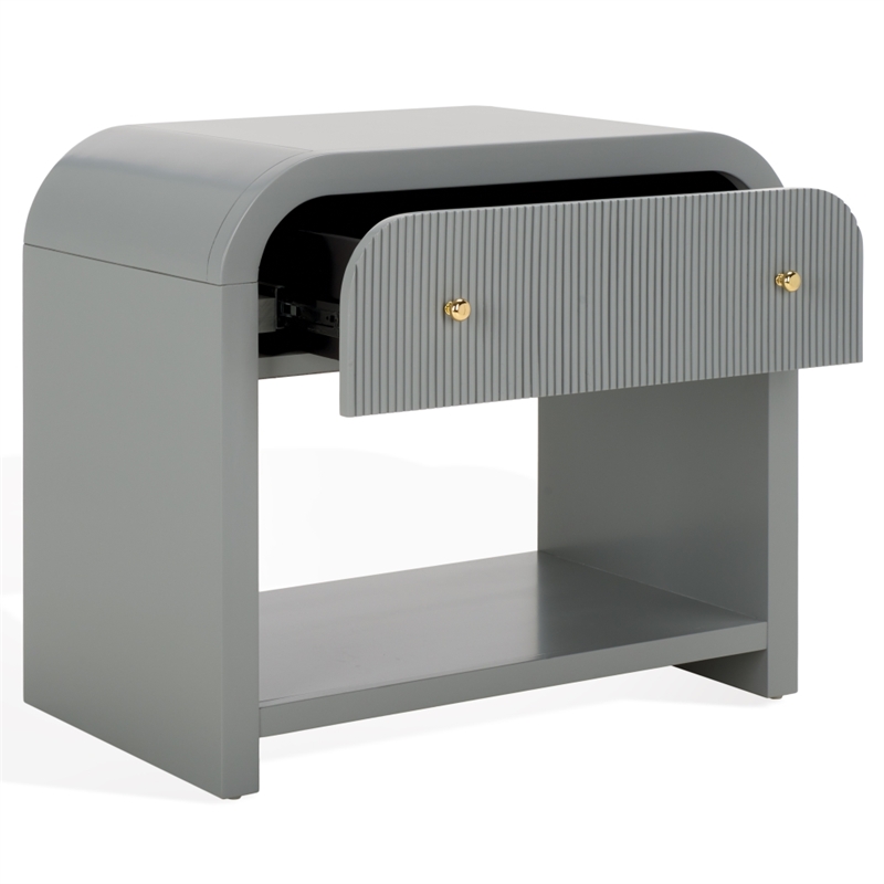 Safavieh Liabella 1 Drawer Wood Curved Nightstand in Light Gray / Gold