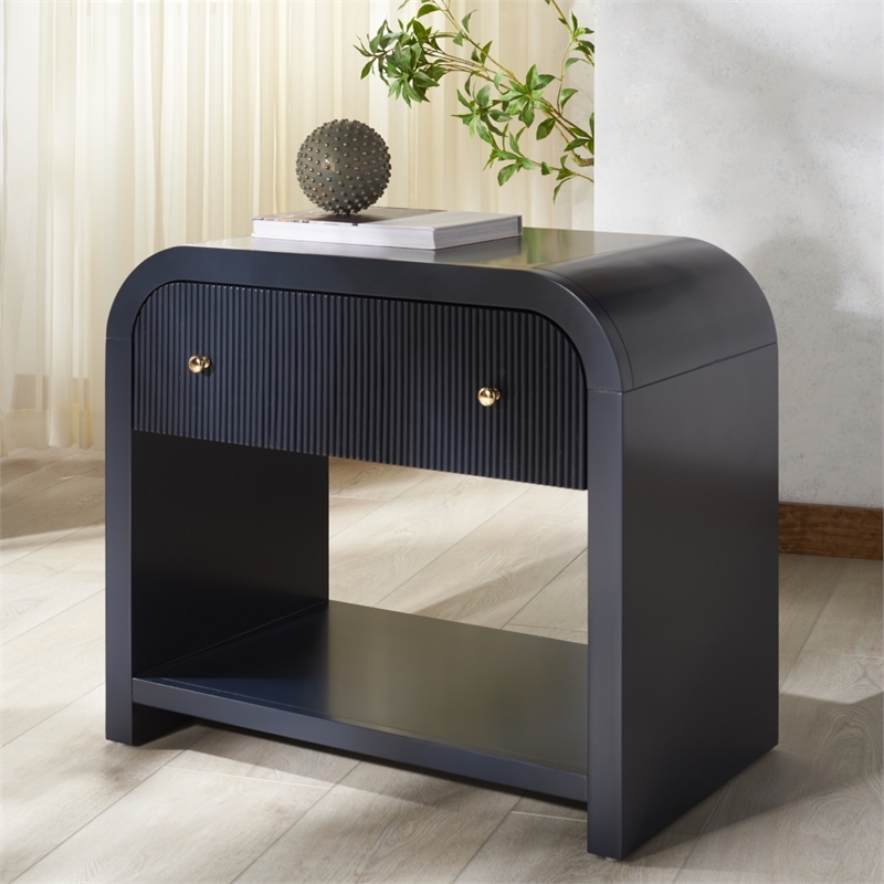 Safavieh Liabella 1 Drawer Wood Curved Nightstand in Navy / Gold