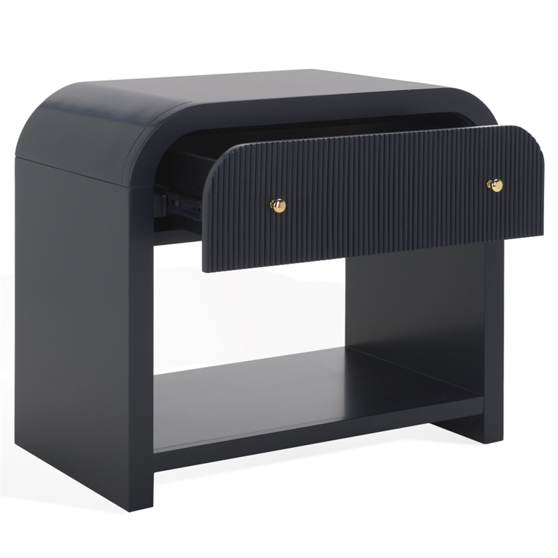 Safavieh Liabella 1 Drawer Wood Curved Nightstand in Navy / Gold