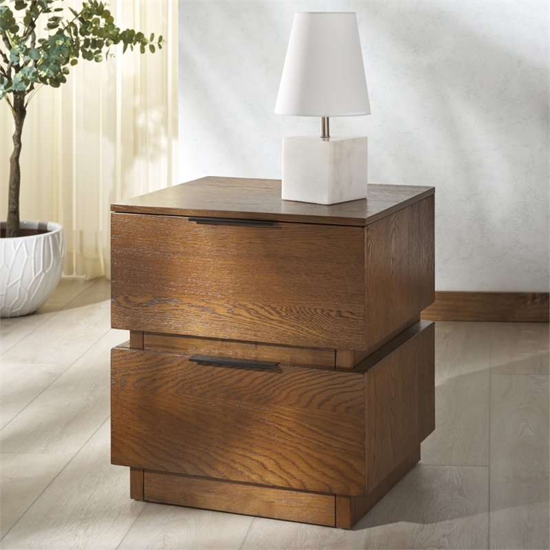 Safavieh Titus 2 Drawer Wood and Metal Stacked Nightstand  in Oak