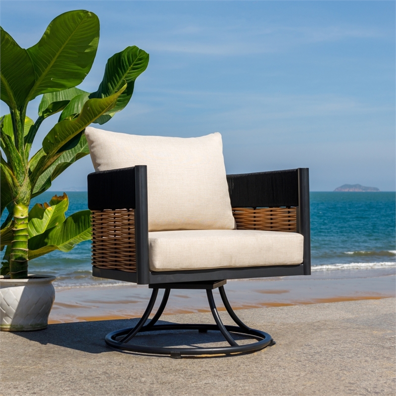 Safavieh Harrison Fabric and Steel Swivel Chair in Black / Taupe