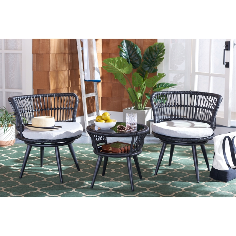 Safavieh Kyomi 3Pc Steel and Fabric Lounge Set in Black / Gray