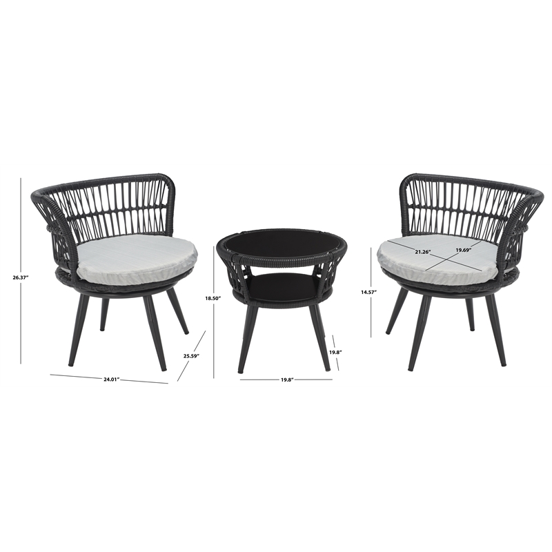 Safavieh Kyomi 3Pc Steel and Fabric Lounge Set in Black / Gray
