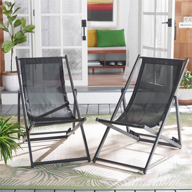 Safavieh Breslin Set of 2 Aluminum Sling Chairs in Black / Black