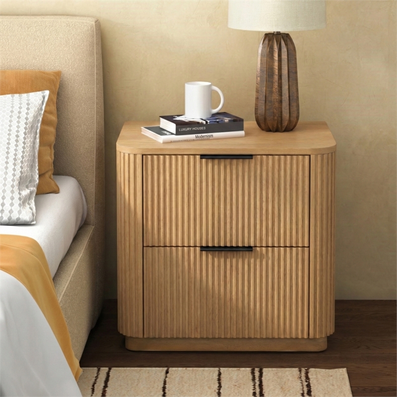 Safavieh Barrymore Reeded Wood 2 Drawer Nightstand in Oak