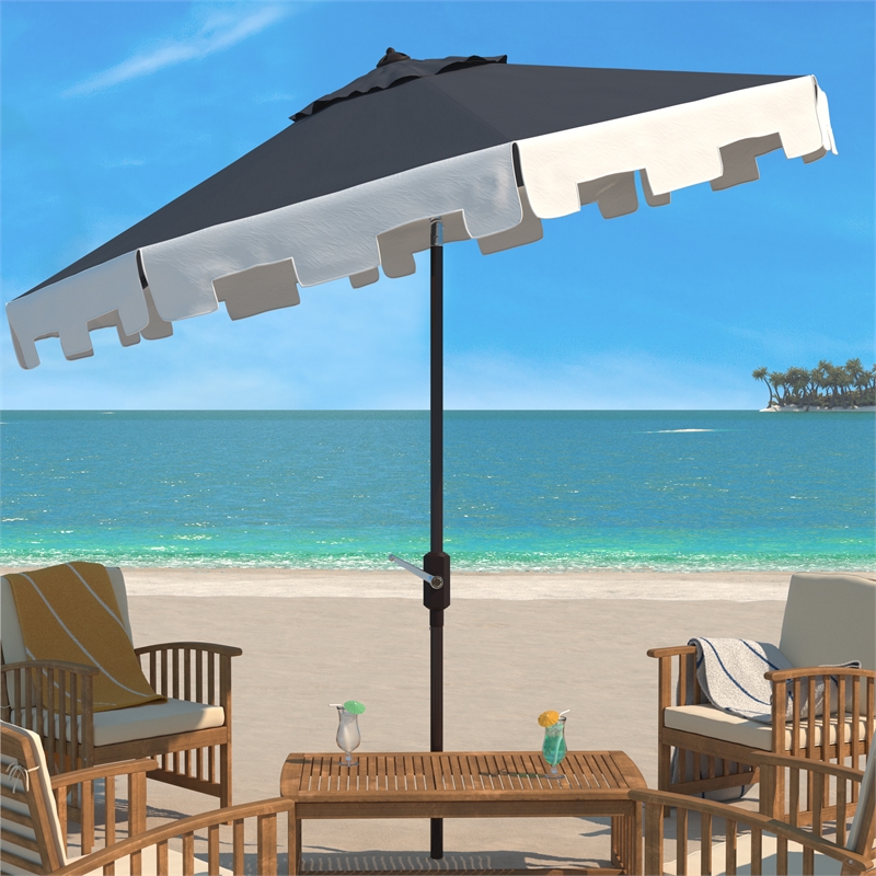 Safavieh City Fashion 9Ft Round Metal and Fabric Umbrella in Navy / Ivory