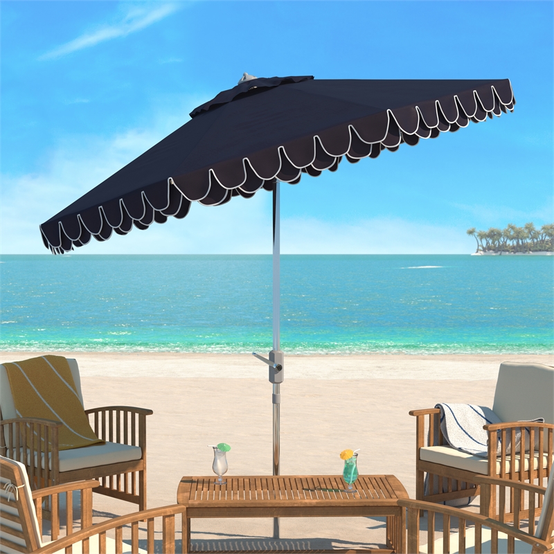 Safavieh Elegant Valance 9Ft Round Metal and Fabric Umbrella in Navy / White