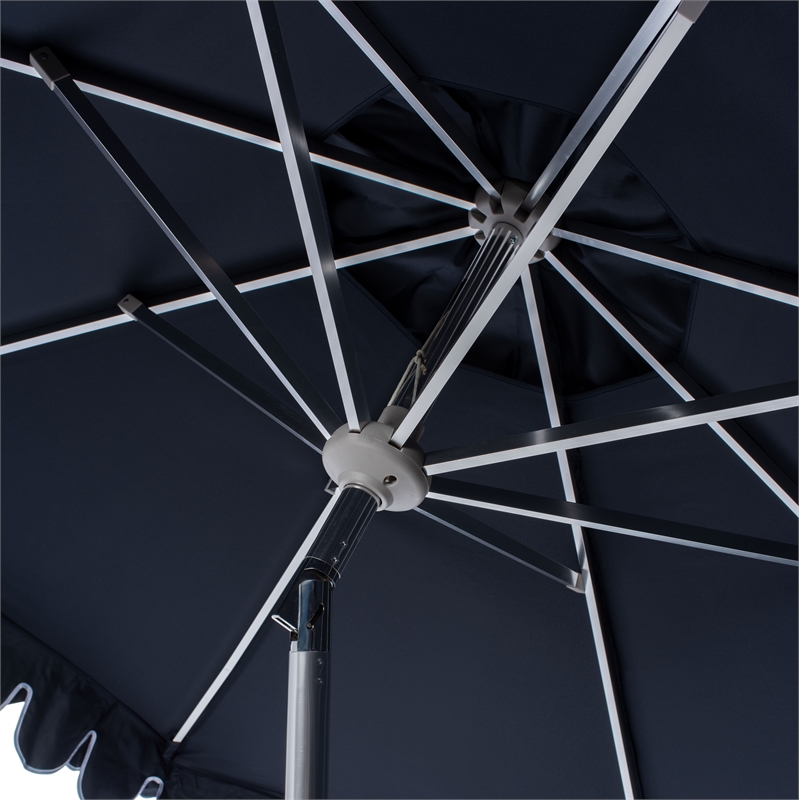 Safavieh Elegant Valance 9Ft Round Metal and Fabric Umbrella in Navy / White