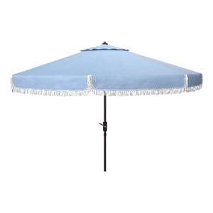 Safavieh Milan Fringe 9Ft Metal and Fabric Crank Umbrella in Baby Blue / White