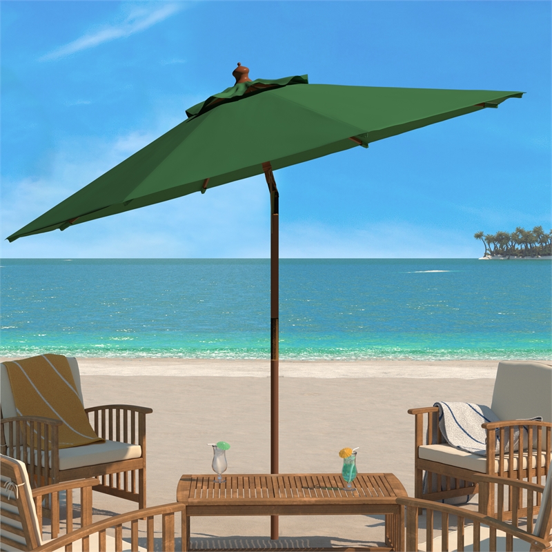 Safavieh Cannes 9Ft Wood Crank Umbrella  in Green
