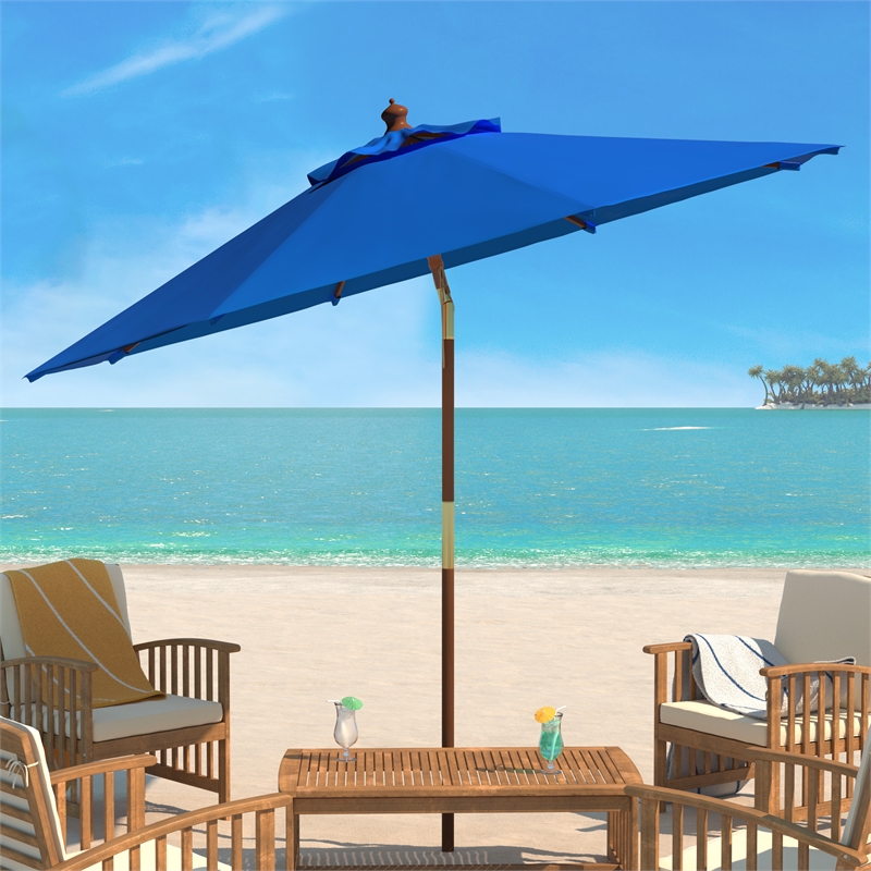 Safavieh Cannes 9Ft Wood Crank Umbrella  in Blue