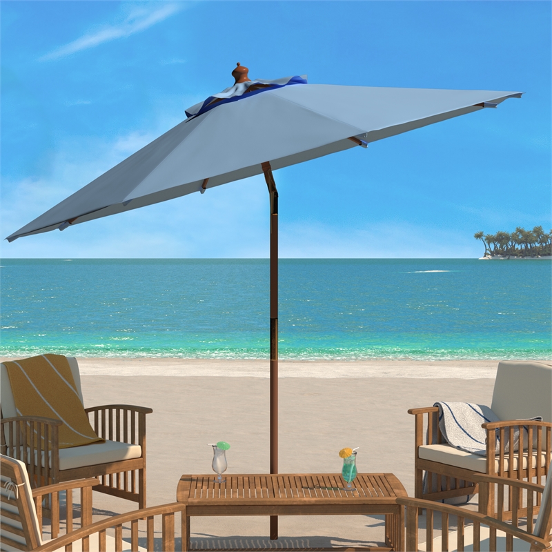 Safavieh Cannes 9Ft Wood Crank Umbrella in Baby Blue