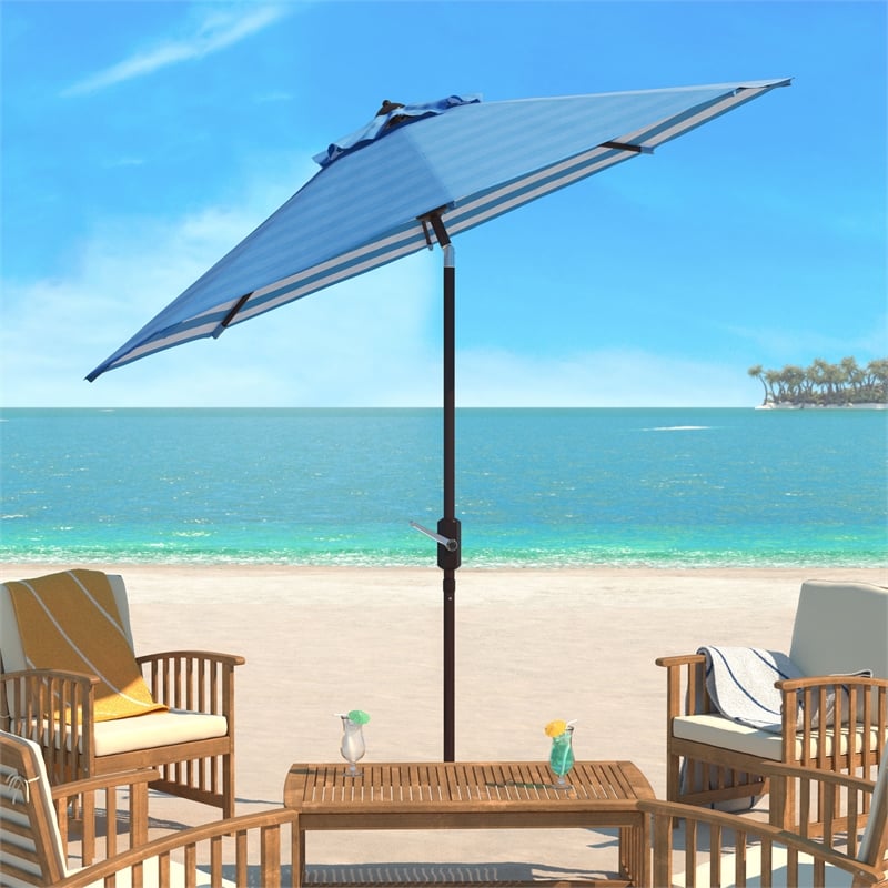 Safavieh Athens 11Ft Round Metal and Fabric Crank Umbrella in Baby Blue / White
