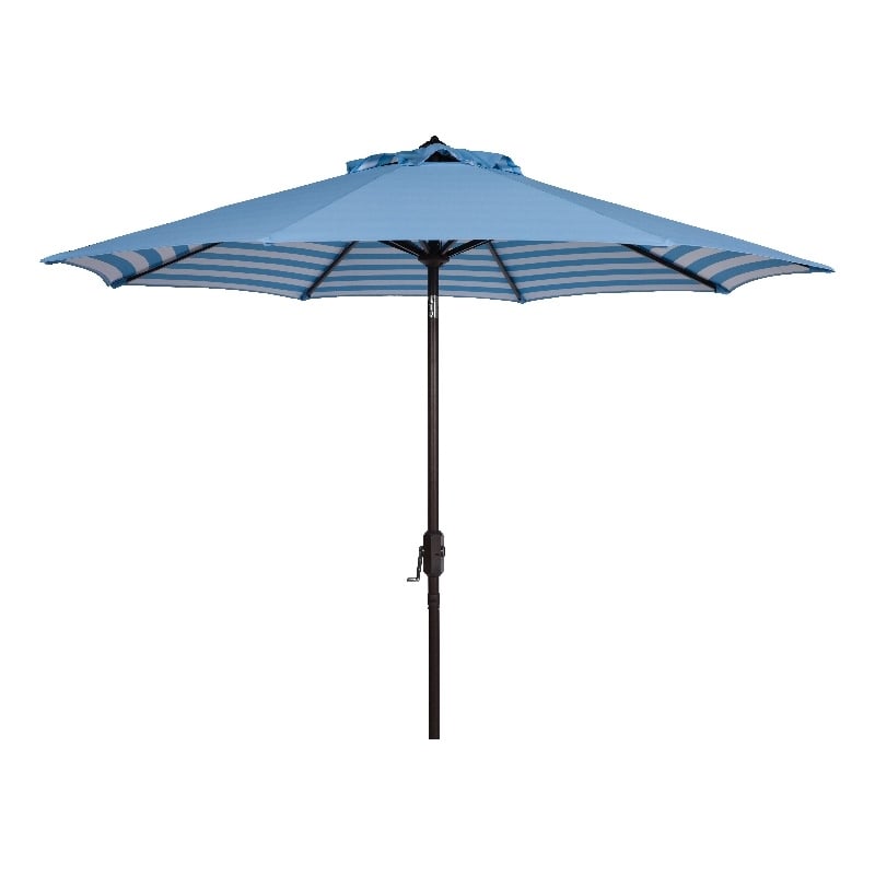 Safavieh Athens 11Ft Round Metal and Fabric Crank Umbrella in Baby Blue / White