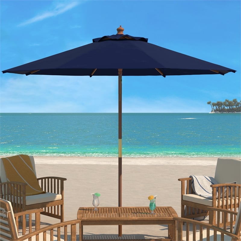 Safavieh Cannes 11Ft Round Wood Umbrella in Navy