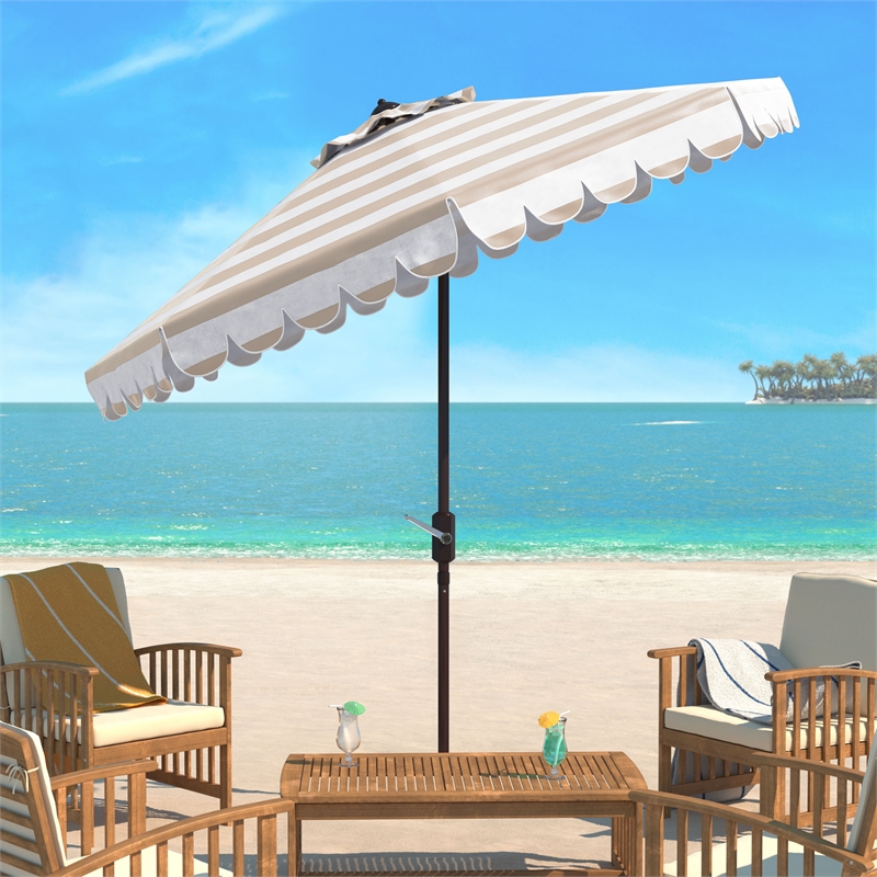 Safavieh Vienna 11Ft Round Metal and Fabric Crank Umbrella in Beige / White
