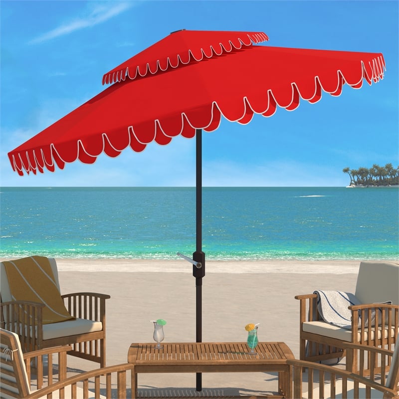 Safavieh Elegant Valance 9Ft Double Top Metal and Fabric Umbrella in Red