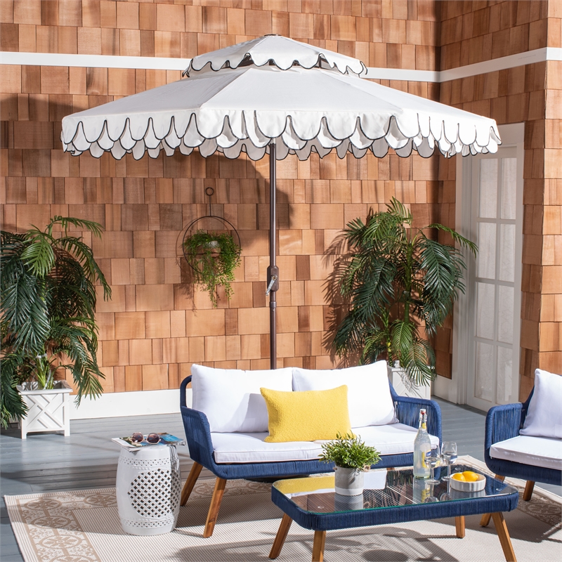 Safavieh Elegant Valance 9Ft Double Top Metal and Fabric Umbrella in Ivory/Black
