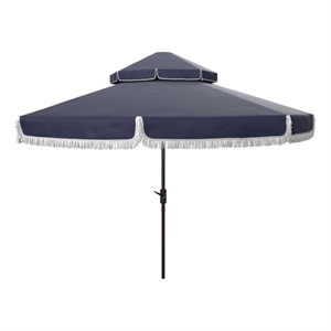 Safavieh Milan Fringe 9Ft Double Top Metal and Fabric Crank UmbrellainNavy/White