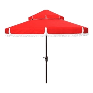 Safavieh Milan Fringe 9Ft Double Top Metal and Fabric Crank Umbrella in Red
