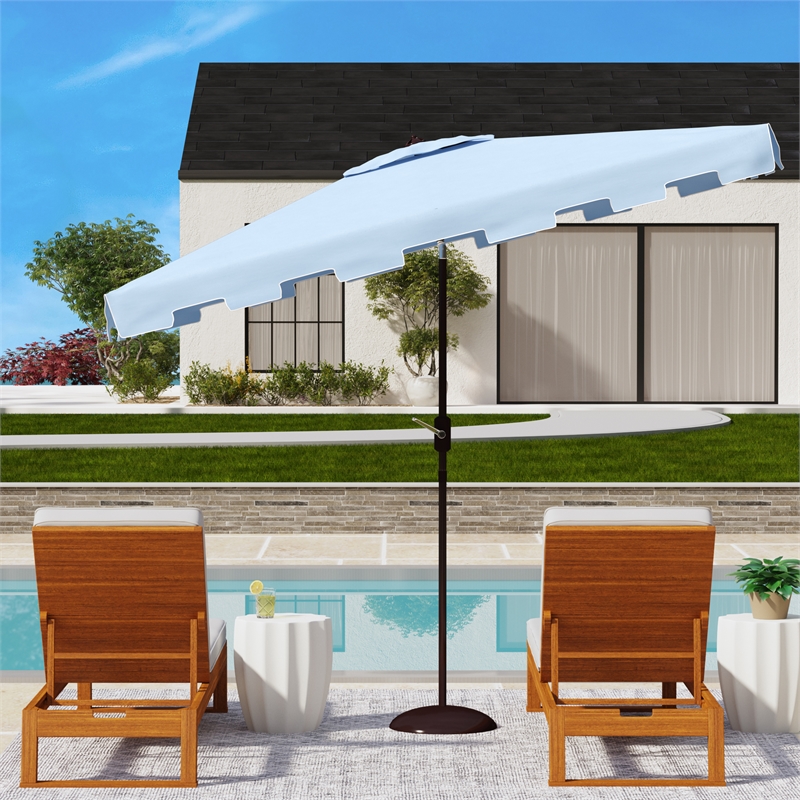 Safavieh Zimmerman 6.5x10 Ft Rect Metal Market Umbrella in Baby Blue / White