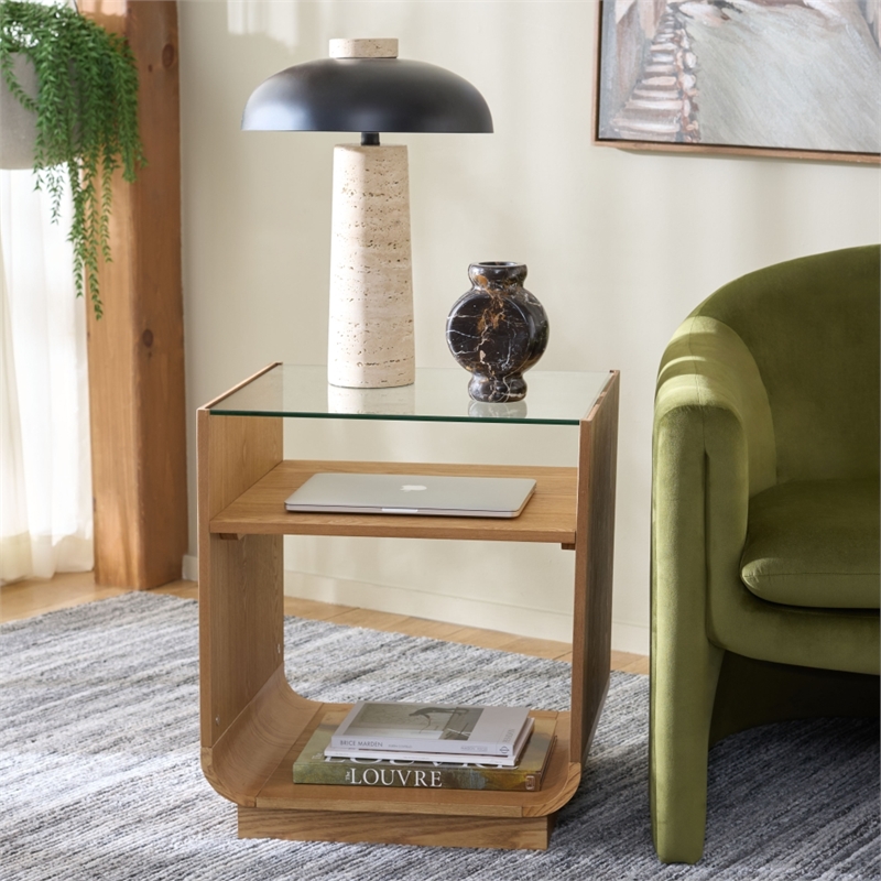 Safavieh Acres Wood Accent Table in Natural / Glass