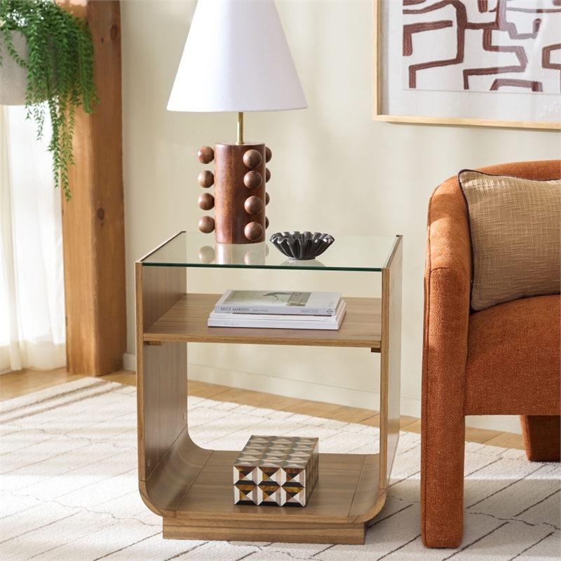 Safavieh Acres Wood Accent Table in Dark Oak / Glass