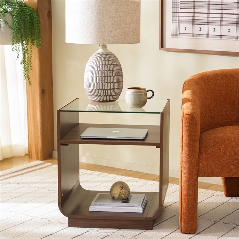 Safavieh Acres Wood Accent Table in Walnut / Glass