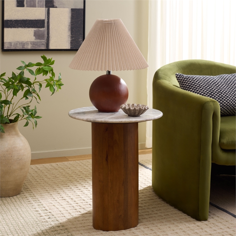 Safavieh Lauretta Marble and Wood Side Table in Gray / White / Brown