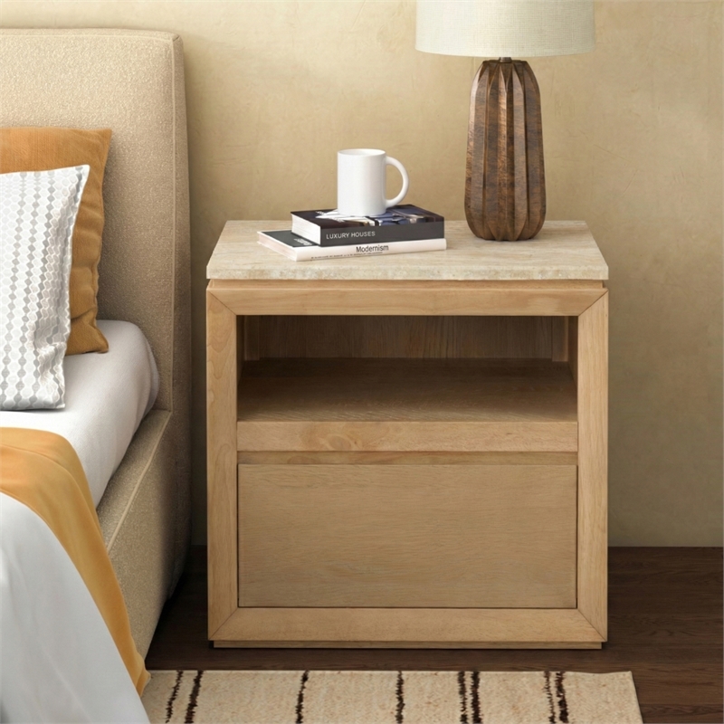 Safavieh Alaura Travertine Top and Wood Nightstand  in Oak