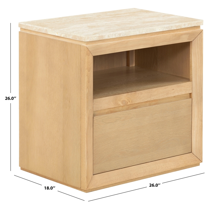 Safavieh Alaura Travertine Top and Wood Nightstand  in Oak