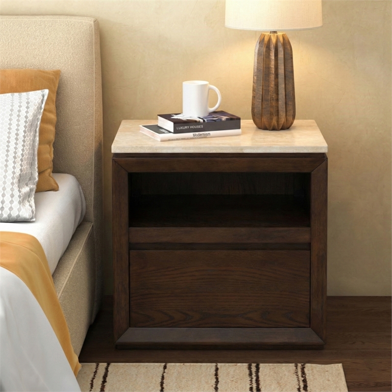 Safavieh Alaura Travertine Top and Wood Nightstand   in Walnut