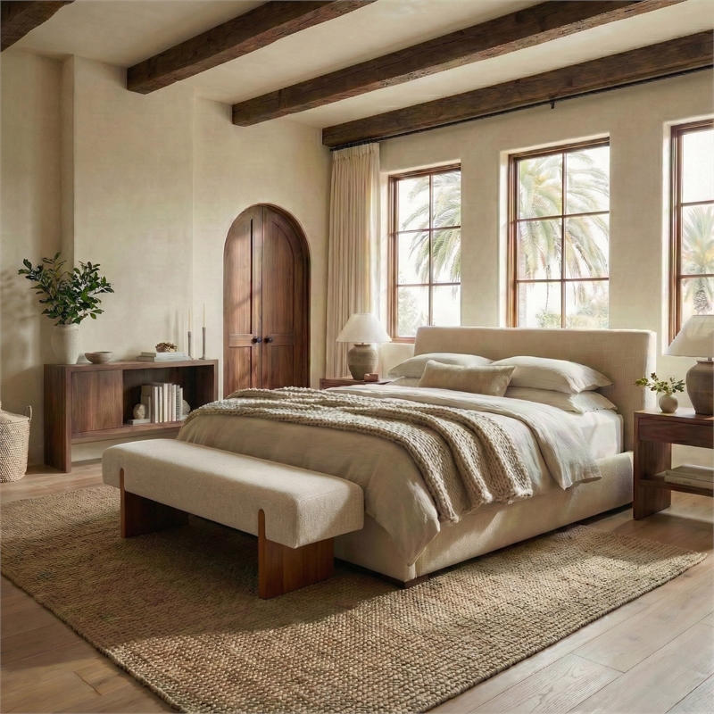 Safavieh Kandiss Linen and Wood Bench in Taupe / Brown