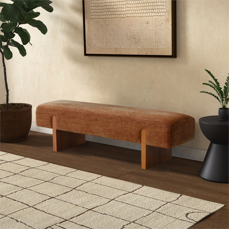 Safavieh Kandiss Linen and Wood Bench  in Amber / Brown