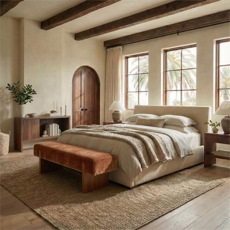 Safavieh Kandiss Linen and Wood Bench  in Amber / Brown