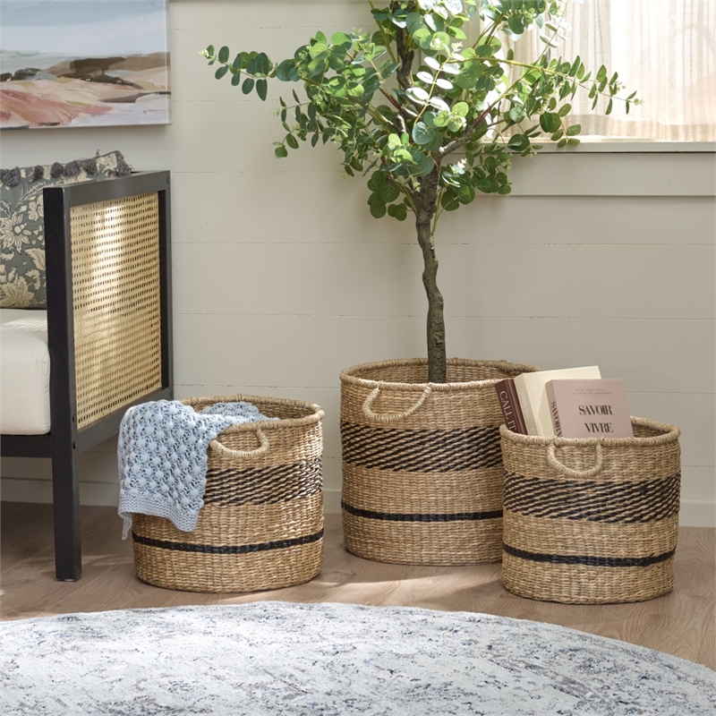 Safavieh Beris Set Of 3 Seagrass Baskets  in Natural / Black